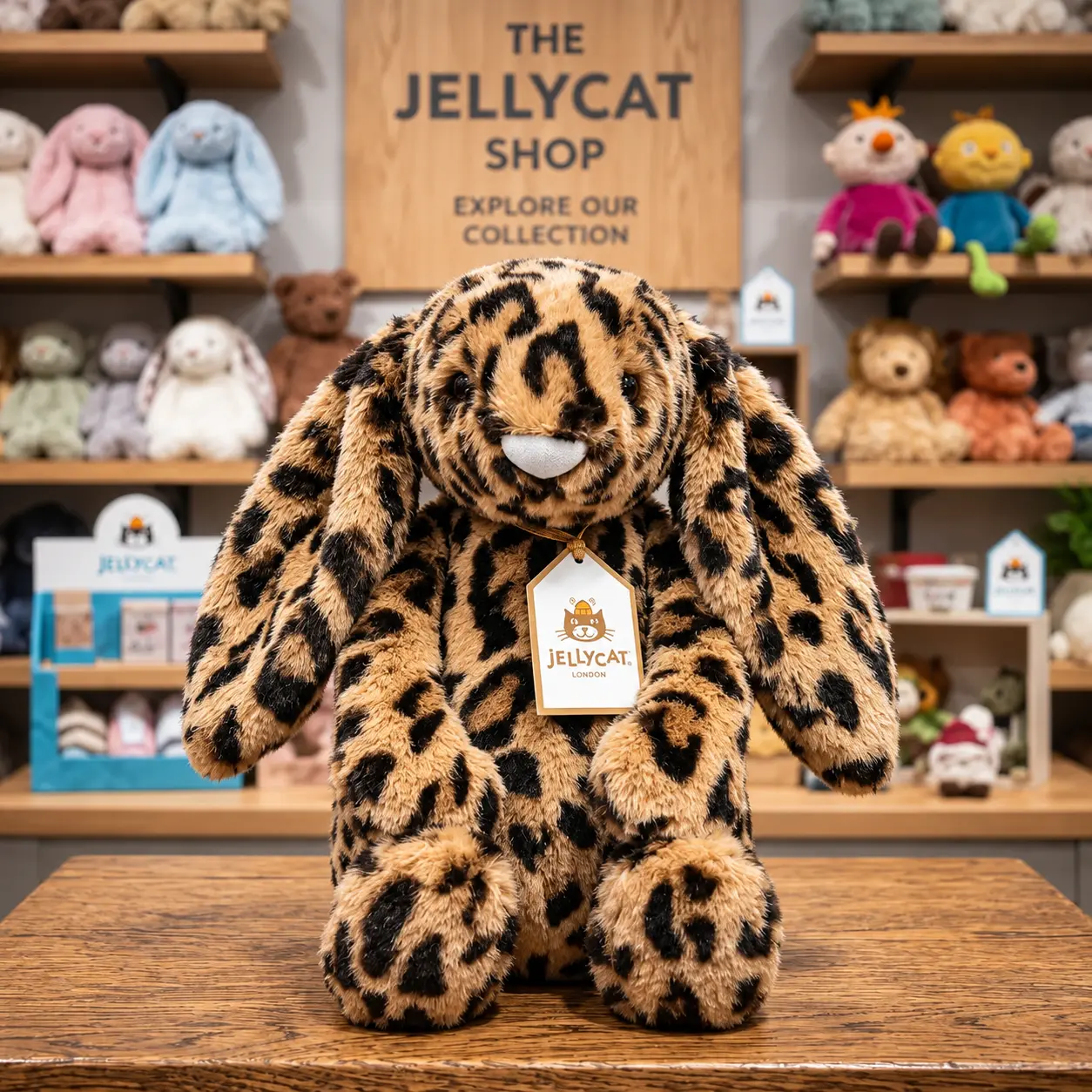 Jellycat Leopard-Print Bunny. This version features a fluffy, round pale-pink tail and ultra-soft, silky fur with a stylish leopard print—a meaningful gift.