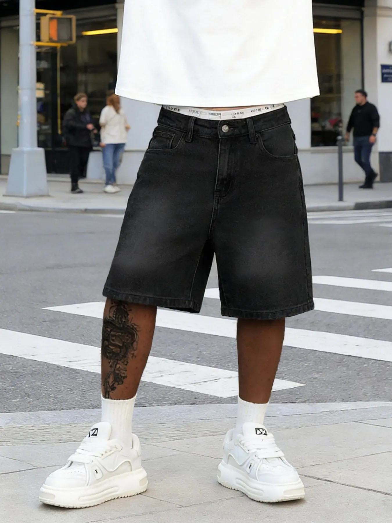 Men's Spring Summer Casual Washed Denim Pocket Shorts, Streetwear Plain Loose-Fit Mid-Thigh Jeans Shorts