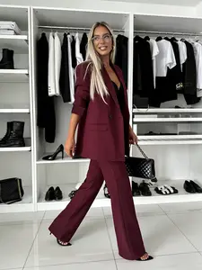 A solid wine-red elegant chic womenswear suit set with no patterns, featuring a double-breasted design, notch lapels, and a loose fit. The style is smart-casual, suitable for light business meetings or stylish dates. Solid Button Blazer