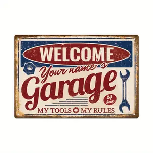 Personalized Vintage Garage Sign - Custom Name "Welcome's Your Garage," Rustic Metal Wall Decor for Man Cave, Indoor/Outdoor Use,Red & Blue Distressed Design with Wrench & Toolbox Illustrations, Garage Wall Decor