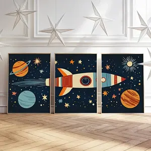 Frameless 3pcs/set Retro Space Rocket Wall Art Set, Space Theme Design, Dark Blue Children's Room Hanging Picture, Space Travel Planet Retro Rocket