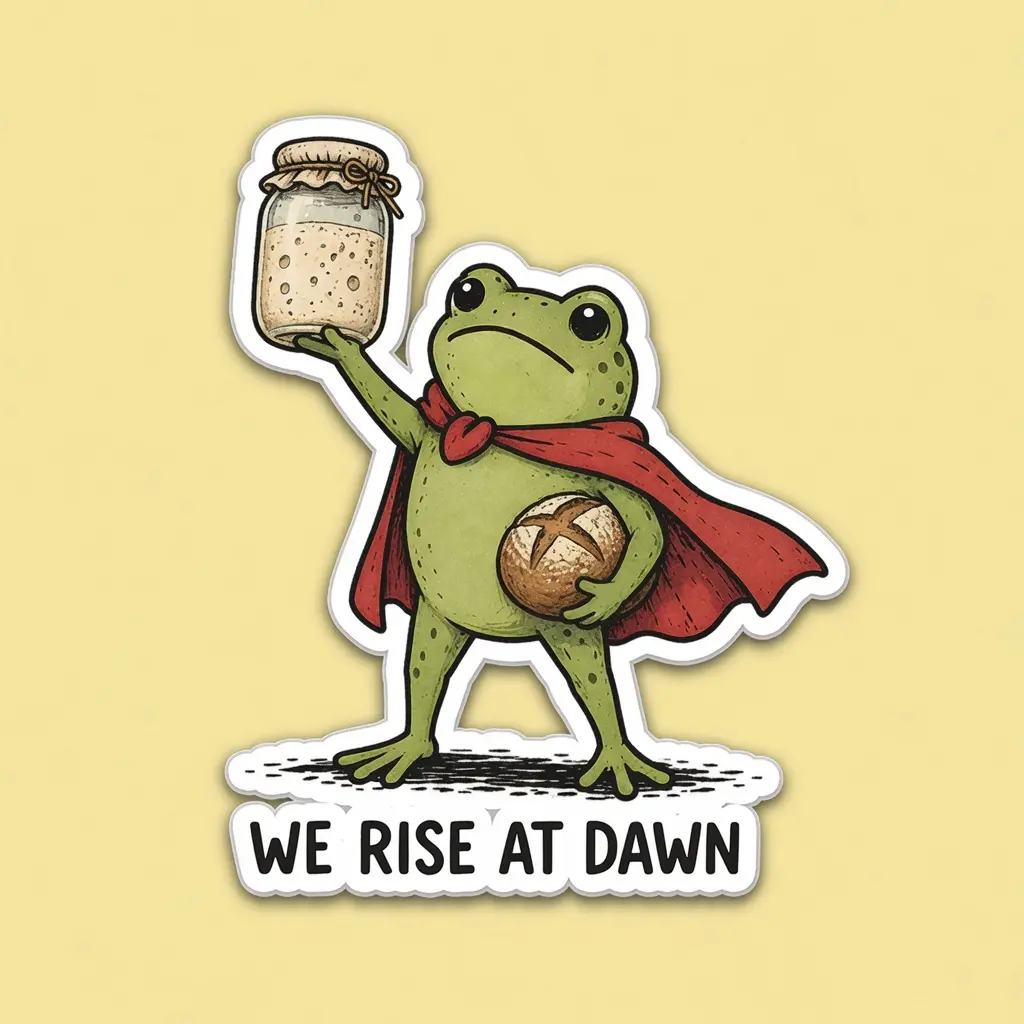 we rise at dawn funny frog sticker