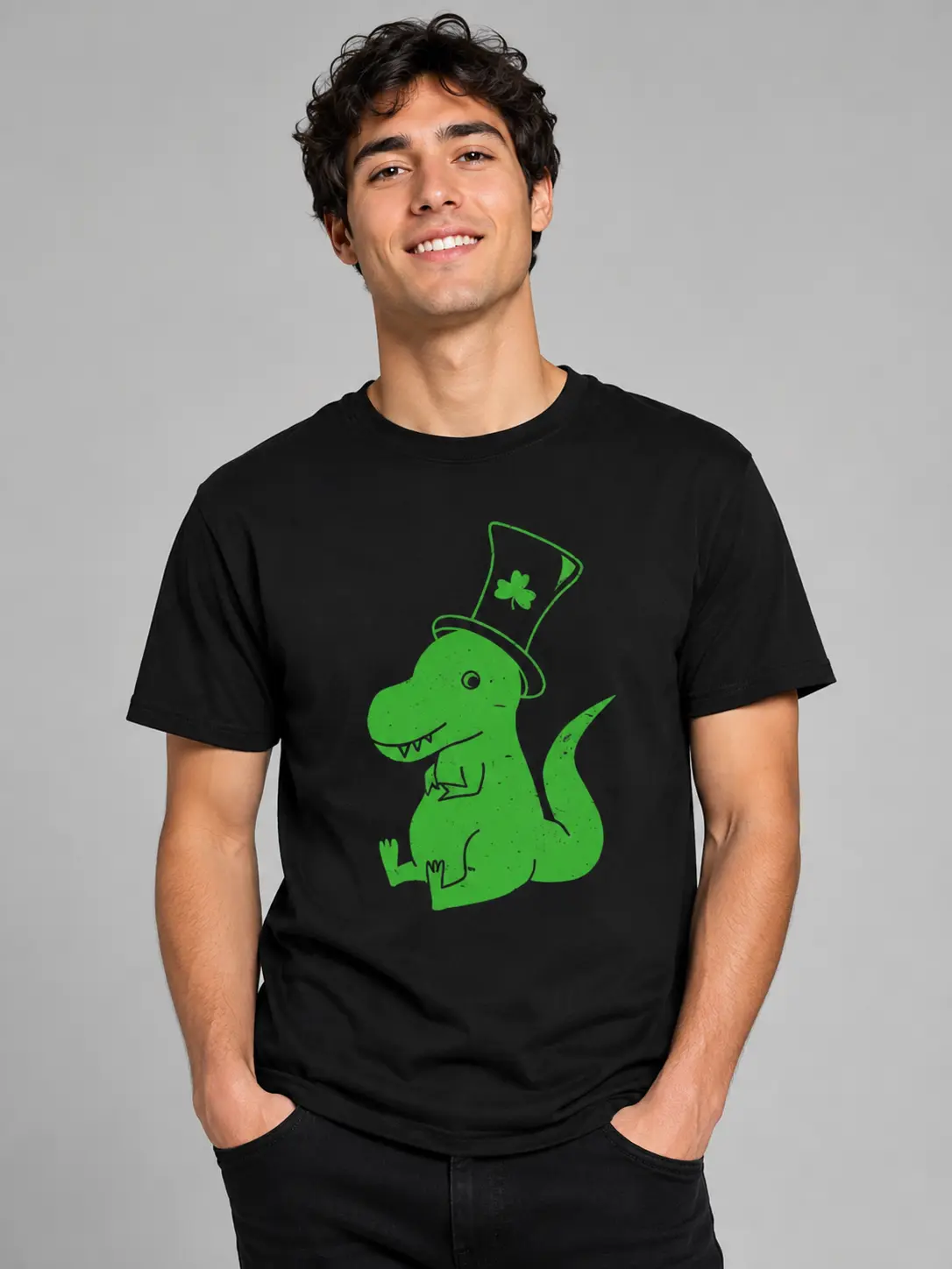 St Patrick T-Rex Shamrock Letter Print Black Shirt T-Shirt Tee Top Oversized Unisex Harajuku Streetwear Casual Sweet Wear Outfit Men Women Trendy Irish Dino Graphic Fashion