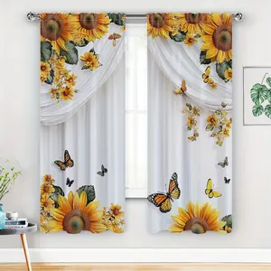 2 Pieces Bedroom Curtain Rod Pocket Translucent Curtains Home Decoration Curtain – Sunflower with Butterfly Pattern for Kitchen & Living Room 21.65x59/41.34x82.68/44.5x90.55 inches