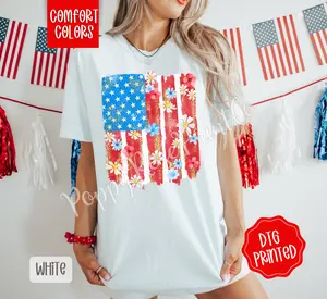 Floral Flag Comfort Colors Shirt, Cute Patriotic Tshirt, Women's Tee, Gift for Her