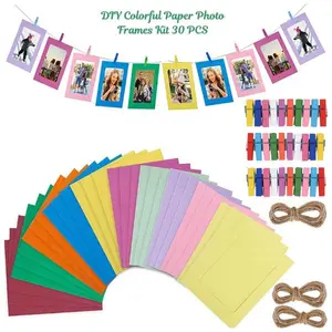 DIY Colorful Paper Photo Frames Kit 30 PCS – Mother’s Day Gift ,Hanging Picture Frames with Clips & Hemp Rope, Retro Kraft Photo Display for Wall Decor, Dorm Room, Bedroom & Office, 6 Inch