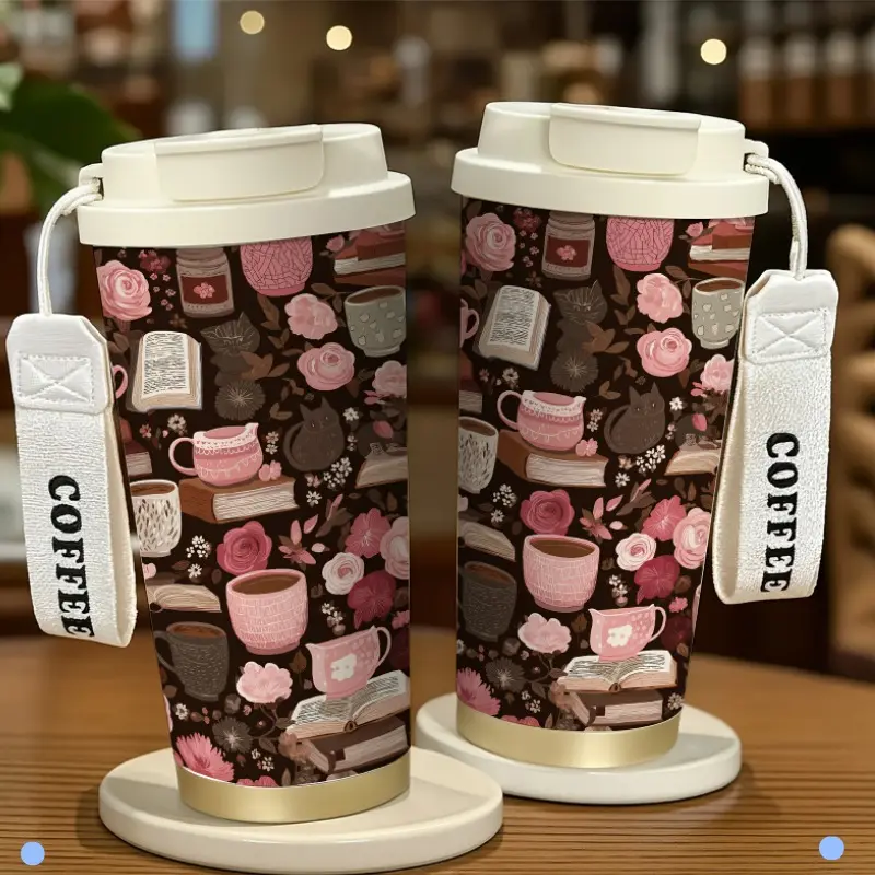 18oz Printed Stainless Steel Insulated Thermal Coffee Cup - Whimsical Design with Books, Coffee Cups, Flowers, Cats, All-Season Multi-Purpose Kitchen Drinkware, Great Halloween-Christmas Gifts