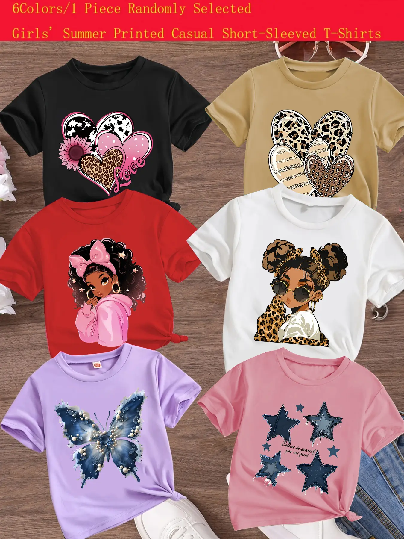 Girls Summer Fashion Leopard Heart Print Short Sleeve T-Shirt, Random Style, Comfortable and Versatile, Perfect Gift for Kids, Tshirt