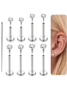 8 Pcs Silvery Flat Back CZ Stud Earrings for Women Men Internal Thread Surgical Steel Hypoallergenic Body Piercing Jewelry Premium Stainless Steel Delicate Sparkling CZ Versatile for Multiple Piercings Helix Tragus Conch Cartilage Nose Labret Medusa