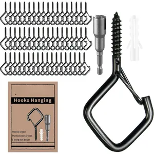 Heavy Duty Screw In Hooks with Safety Buckle, 2.2 IN Black Ceiling Hooks for   & Outdoor String Lights, Windproof Eye Hooks for Christmas Lights, Cups, Bird Feeders (Black, 34 count)