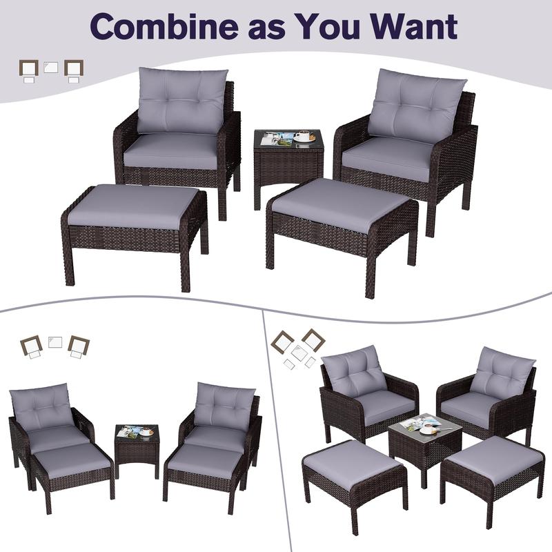 【2 Packages Shipping】5-Piece PE Rattan Patio Set – Wicker Chairs with Ottoman & Table, Perfect for Front Porch or Garden