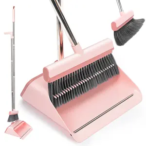 KZKR Pink Broom and Dustpan Set – Built-in Comb Teeth to Remove Hair, Ergonomic Indoor & Outdoor Sweeping Kit   Adjustable Household Cleaning Tool bedroom broom