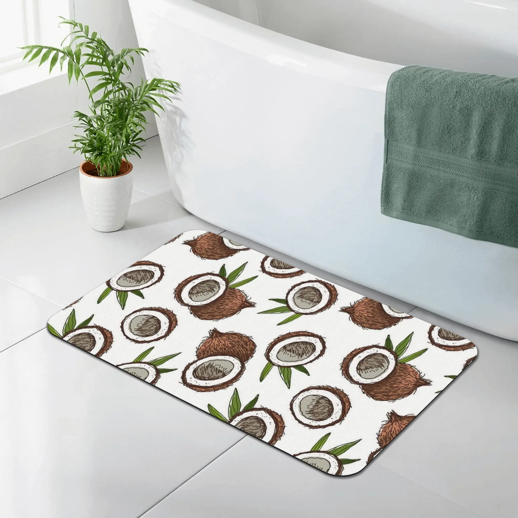 Tropical Coconut Diatomaceous Earth Bath Mat, Highly Absorbent Quick Drying Non Slip Shower Mat, Natural Dirt Trapper Floor Mat for Bathroom Kitchen, Print 40X60Cm(15.8*23.6In)