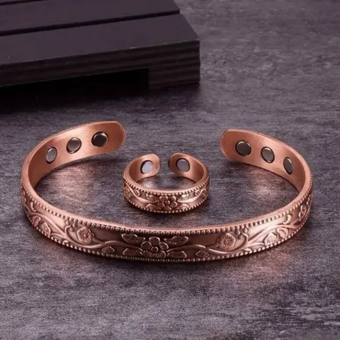Vintage Flower Pattern Bangle & Open Ring, Adjustable Magnetic Bangle & Open Ring, Fashion Jewelry Accessories for Women & Men, Jewelry Gift Set