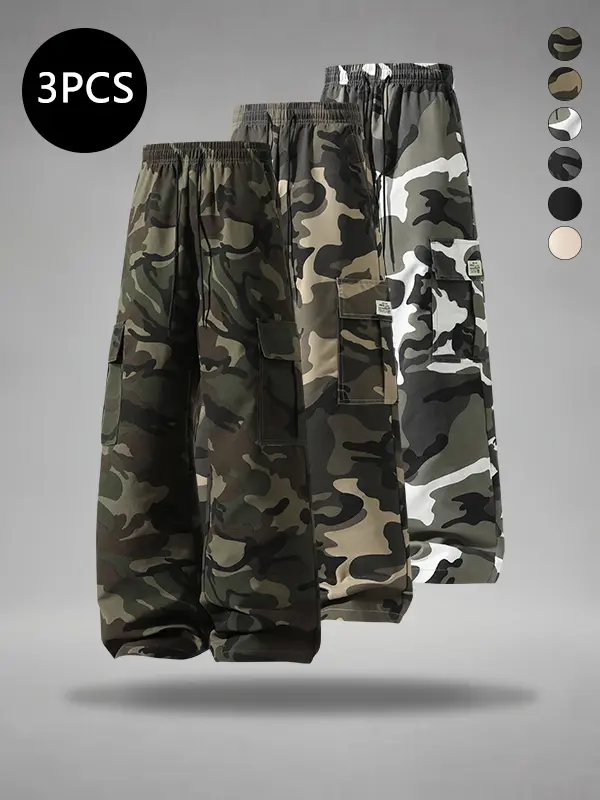 Men’s Autumn Baggy Wide-Leg Sweatpants, Multi-Pocket Cargo Pants, Trendy Camouflage Straight-Leg Pants, Versatile Casual Sporty Long Pants for Everyday Wear