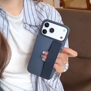 Luxury Solid Stretch Silicone Wrist Strap Matte Case For iphone 17 16 12 13 14 15 Pro Max Plus Air Shockproof Hard Back Cover