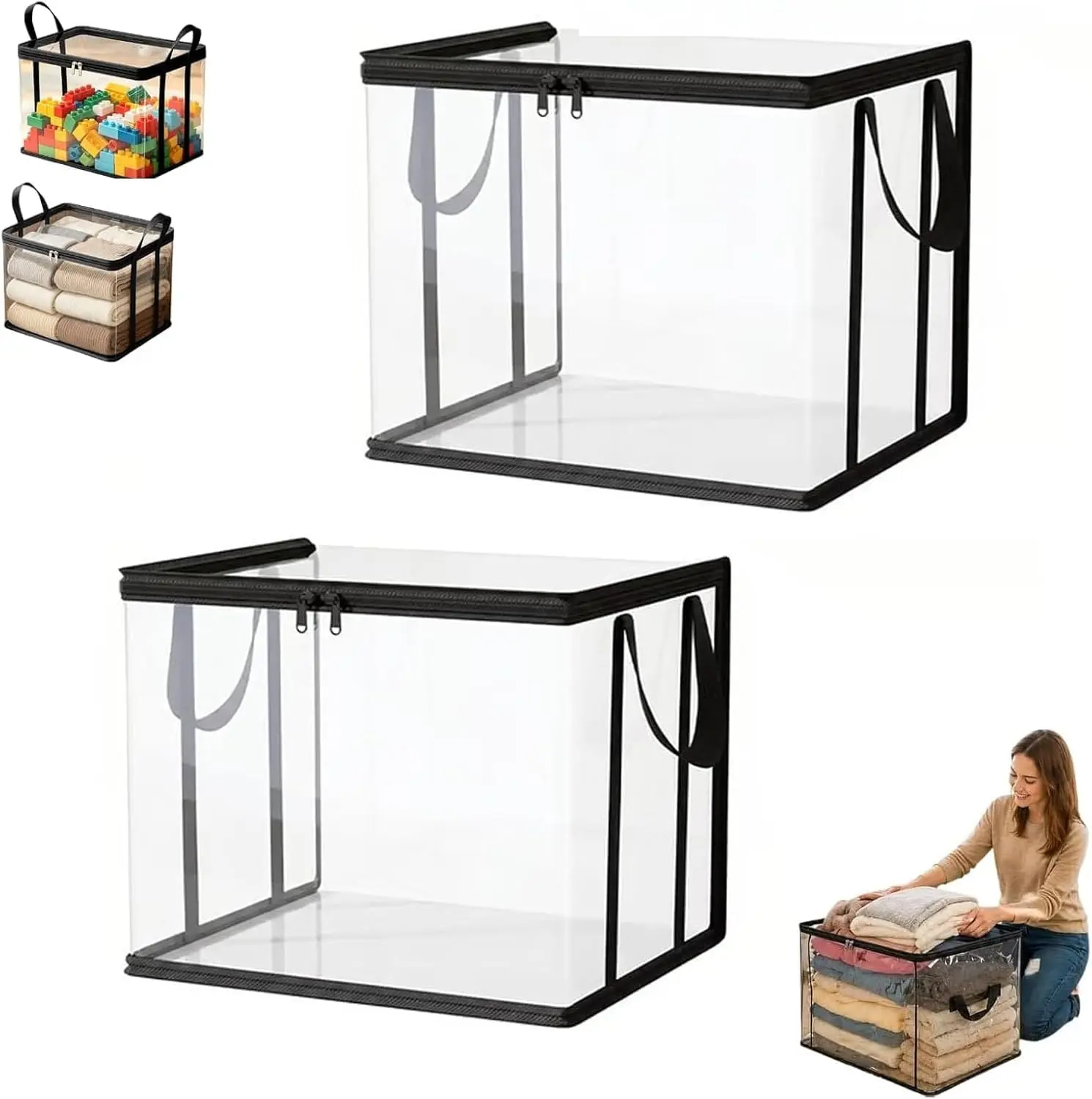 2Pcs, Stuffed Storage Pvc Organizer Bag Doll Storage Container Waterproof, Large Heavy Duty Thick Plastic Clear Storage, Large Clear Thick Plastic Storage Box with HingedLid for Clothes(14.96x9.45x12.6inches)