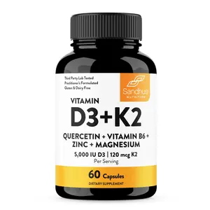 (Sandhus) Vitamin D3 K2 + Magnesium & Quercetin | 5000 IU D3 + 120mcg K2 | 60 Capsules | Immune, Energy, Bone + Muscle Support | For Men & Women