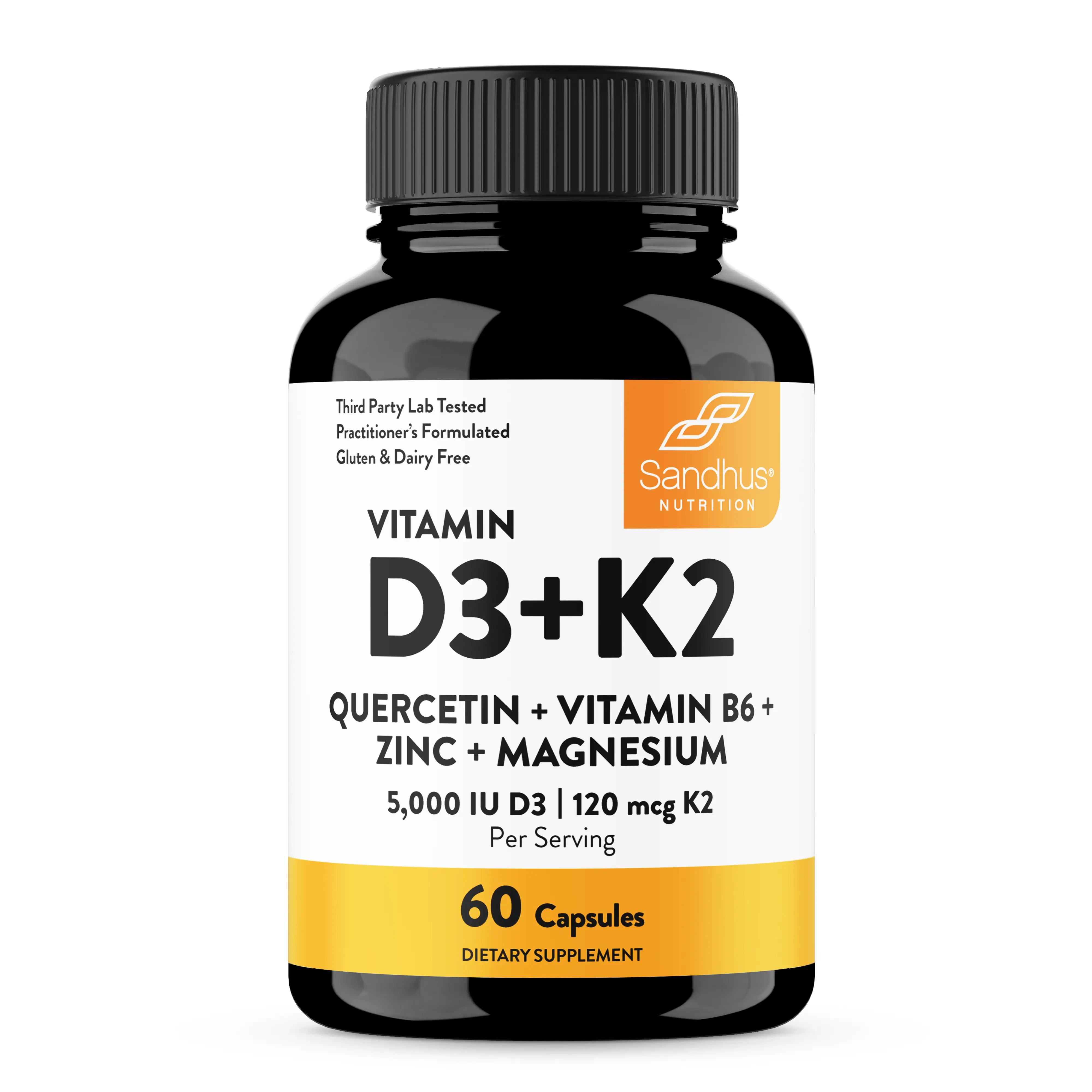 (Sandhus) Vitamin D3 K2 + Magnesium & Quercetin | 5000 IU D3 + 120mcg K2 | 60 Capsules | Immune, Energy, Bone + Muscle Support | For Men & Women