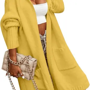 Women's Cable Knitted Long Cardigan Sweater Coat with Hood, Two Side Pockets, and Soft