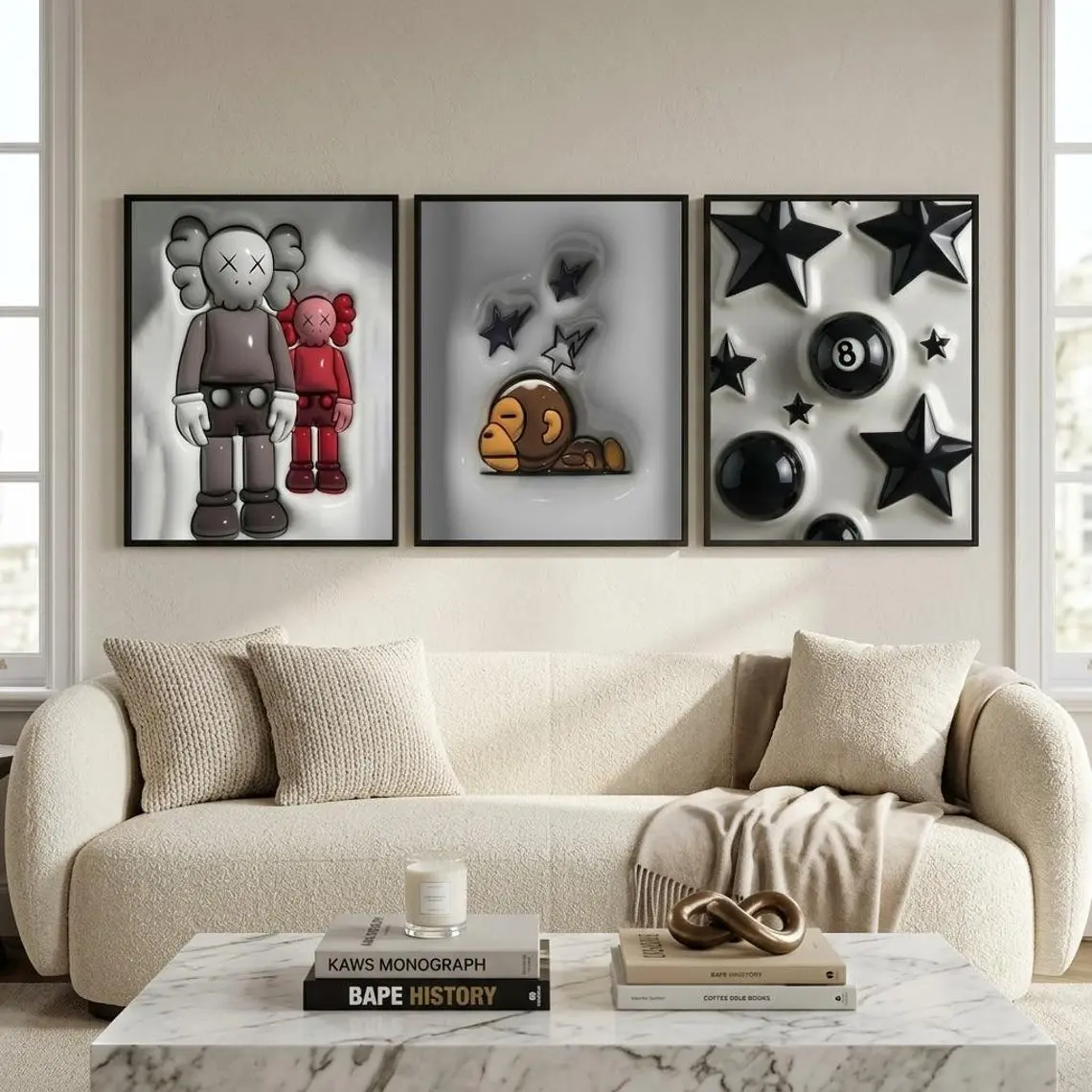 Hypebeast Wall Art Set of 3, Urban Cartoon Poster, 8 Ball Print, Streetwear Room Decor, Black Aesthetic Art, kaws figure Poster