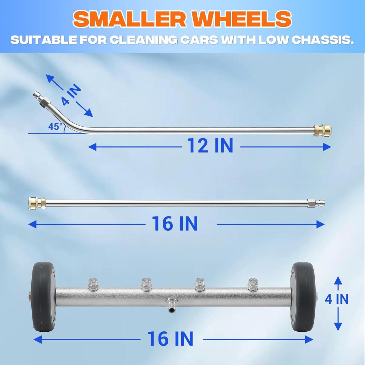16" Undercarriage Cleaner Kit, Pressure Washer Accessory to Clean Cars, Trucks, SUVs, Includes Swivel Caster