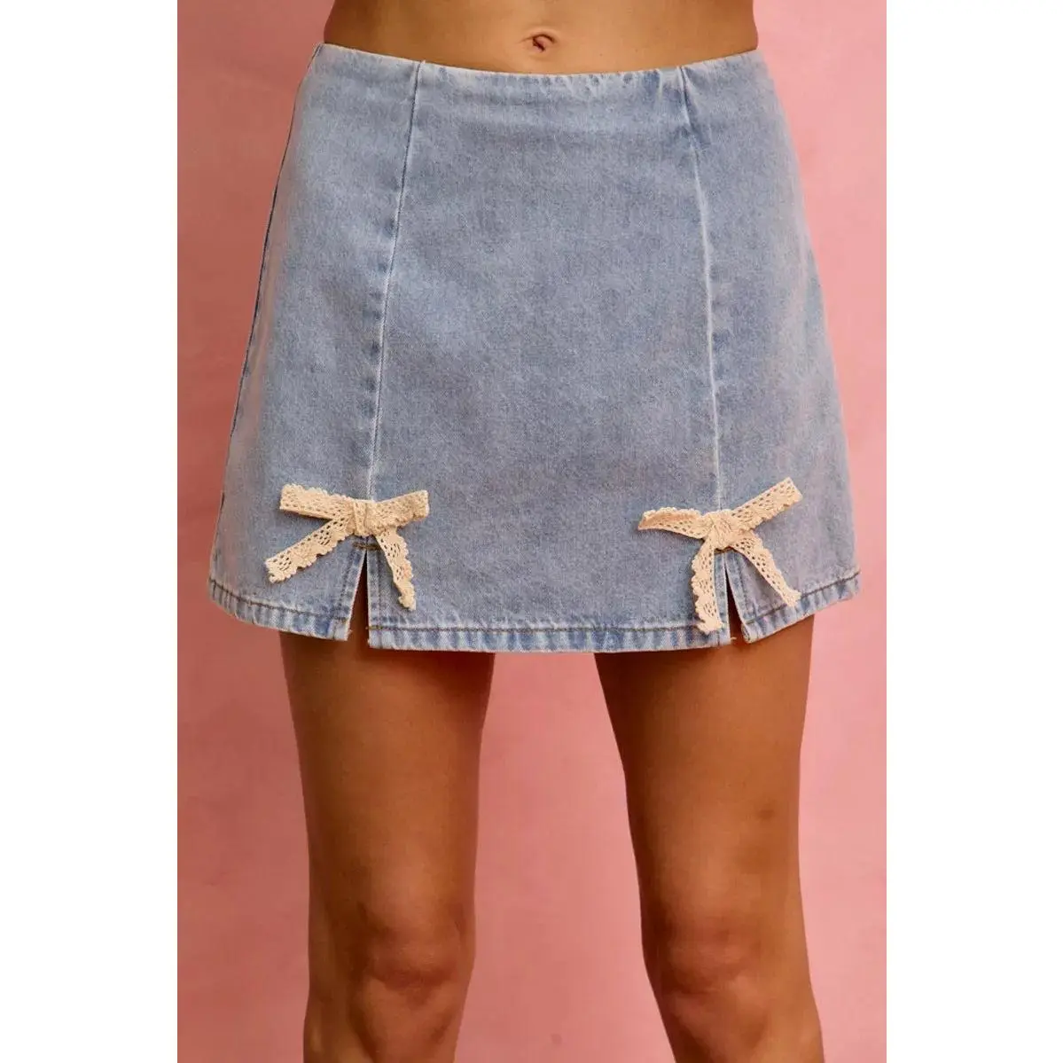 SO ME Lace Ribbon Trim Denim Mini Skirt