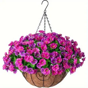 Artificial 8 Inch Hanging Basket Silk Begonia Flower Arrangement Coconut Liner with Tulip Fake Plants for Garden Porch Deck Spring Summer Decor Hanging Planters