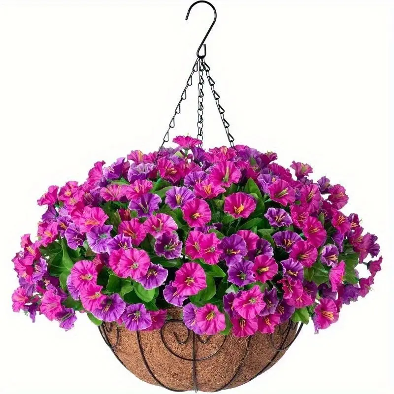 Artificial 8 Inch Hanging Basket Silk Begonia Flower Arrangement Coconut Liner with Tulip Fake Plants for Garden Porch Deck Spring Summer Decor Home Decor Pots Hanging Planters
