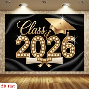 Graduation & Class of 2026 Backdrop – Black Gold Cap Diploma Tapestry, Wall Hanging, Photography Background, Polyester HD Print, Garden, Room, Party, Event Decor