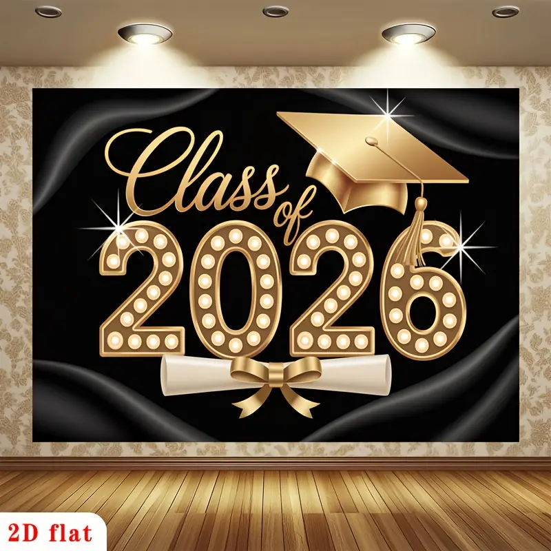 Graduation & Class of 2026 Backdrop – Black Gold Cap Diploma Tapestry, Wall Hanging, Photography Background, Polyester HD Print, Garden, Room, Party, Event Decor