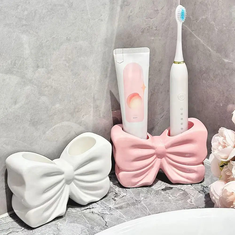 Vilemoon Elegant 2-Slot Tidy Ceramic Toothbrush Holder - Brush+Paste Split, Easy Clean Multi-Purpose Organizer, Decorative Countertop Bathroom Home Supply