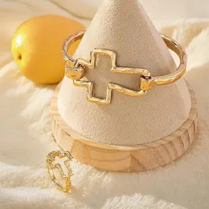 Hammered Cross Bracelet Ring Set for Women, Cuff Bangle Irregular Bracelet Wide Chunky Cross Adjustable Buckle Bracelets for Women (Gold / Silver )