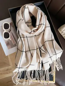1pc Woman's Winter New Imitation Cashmere Plaid Scarf, Simple Fashion Tassel Ring Scarf Unisex Cold, Suitable For Daily Travel, Casual Wear Textured Blanket Scarf