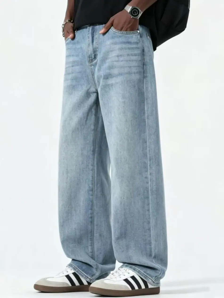 Men’s Relaxed-Fit Loose Straight-Leg Lyocell Blend Denim Trousers, 9/10 Length Menswear with Multi-Pockets, Natural Summer Cool-Touch Fabric for Hip-Hop Skateboarding Streetwear