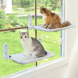 2PCS Cat Window Perch, Cordless Foldable Cat Window Hammock Bed with Strong Suction Cups, Sturdy Metal Frame, Reversible Cover, Space Saving Window Seat for Indoor Cats