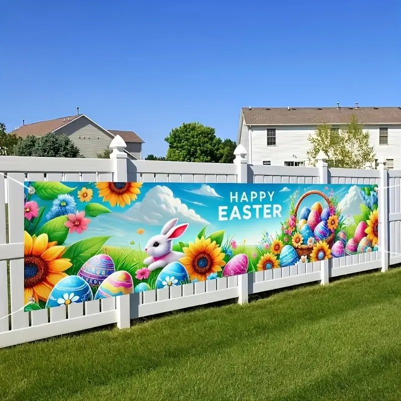 Easter Happy Banner with Vibrant Rabbit Carrot Egg Design, 17.7x78.74 Inches Durable Polyester, Perfect for Indoor Outdoor Garden Celebrations