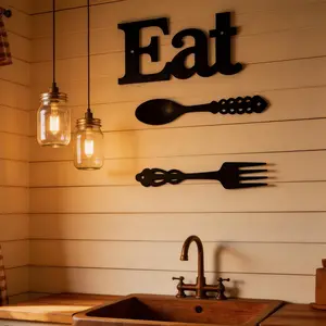 Enchanting rural style "EAT" wall decoration set, with fork and spoon - black iron letter art, suitable for kitchen and dining, perfect for rural themed home decoration, Christmas decoration, most suitable for Christmas, perfect for room decoration