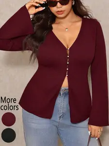 【Plus Size】1 Piece Deep V Pearl Button Long Sleeve Blouse, TikTok Viral "Quiet Luxury Feminine" & "Effortless Street Style", Ribbed Stretchy Fabric & Flared Cuff Detail, For Curvy Fashion Women, Perfect for Casual Outings