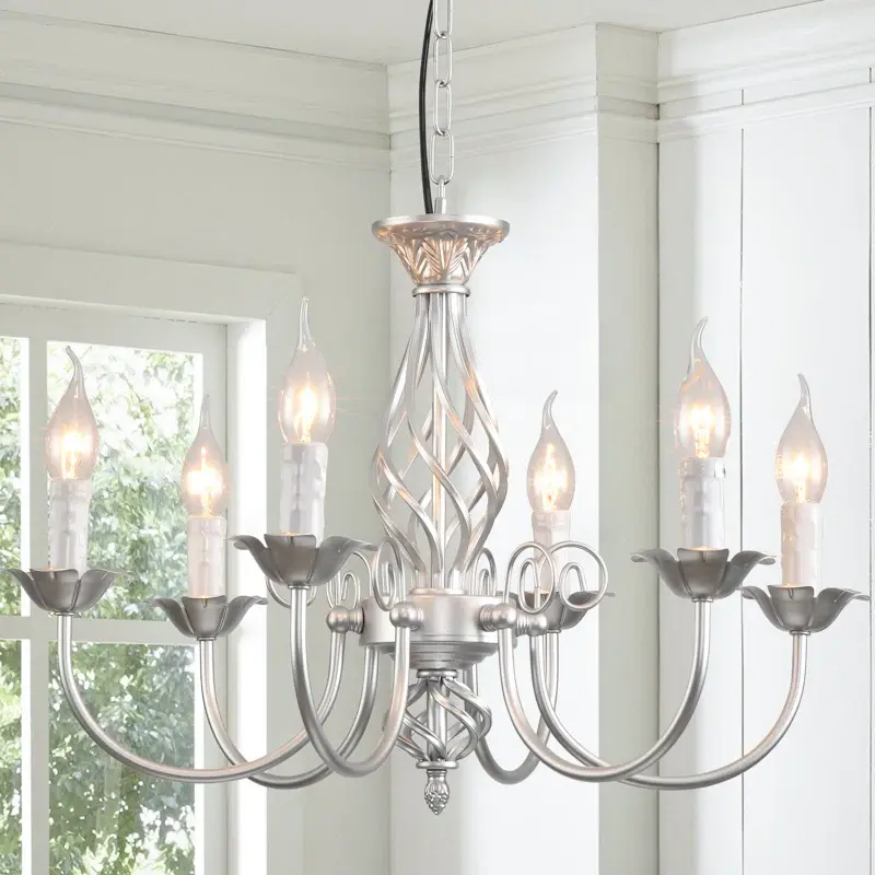 Garwarm Silver Dimmable 6-Light Farmhouse Candle Chandelier, Rustic Industrial E12 Base Pendant Ceiling Light Fixture, Hanging Lamp for Hallway, Dining Room