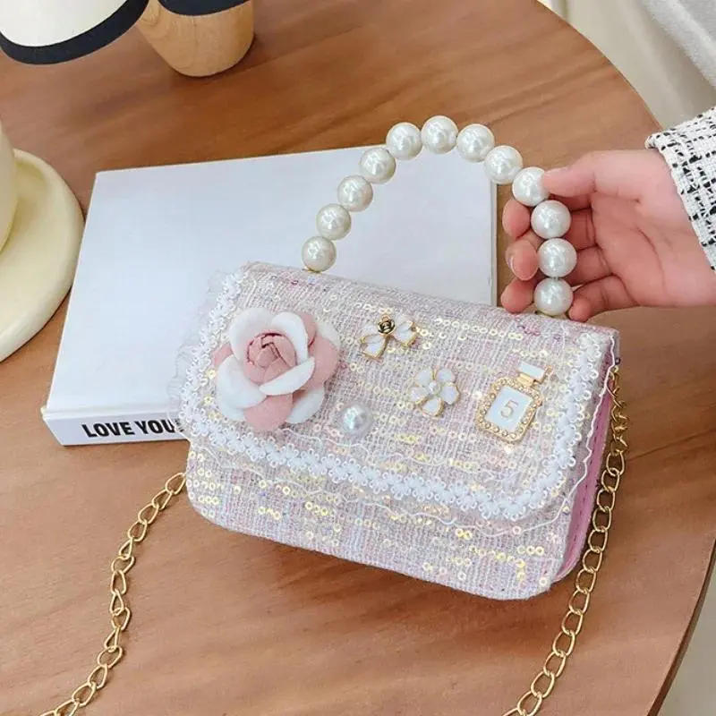Children's Handbag, Cute Cartoon Princess Shoulder Bag with Pearl Handle & 3D Flower, Casual Square Purse for Girls, 14cm x 11cm, 11Cm Height