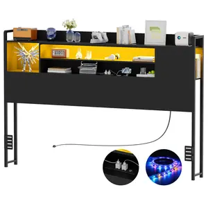 iSunirm Bookcase Style Headboard with Power Outlet and RGB LED Light, Full/Queen/King size, Height Adjustable, Sturdy and Stable
