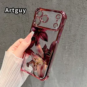Dew - kissed Lilies' Rhapsody Pattern Four Corner Anti-Fall Phone Case Transparent Electroplated Protective Cover for iPhone 17 Pro Max 16 Air 15 Plus 14 13 12 11 E