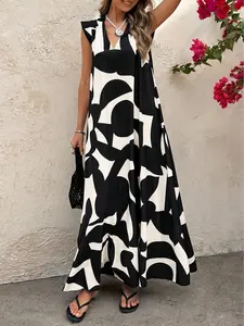 Women's Boho Style Loose-Fitting Printed Dress, Casual Vacation Wear, Random Pattern, Perfect for Holiday, Bohemian