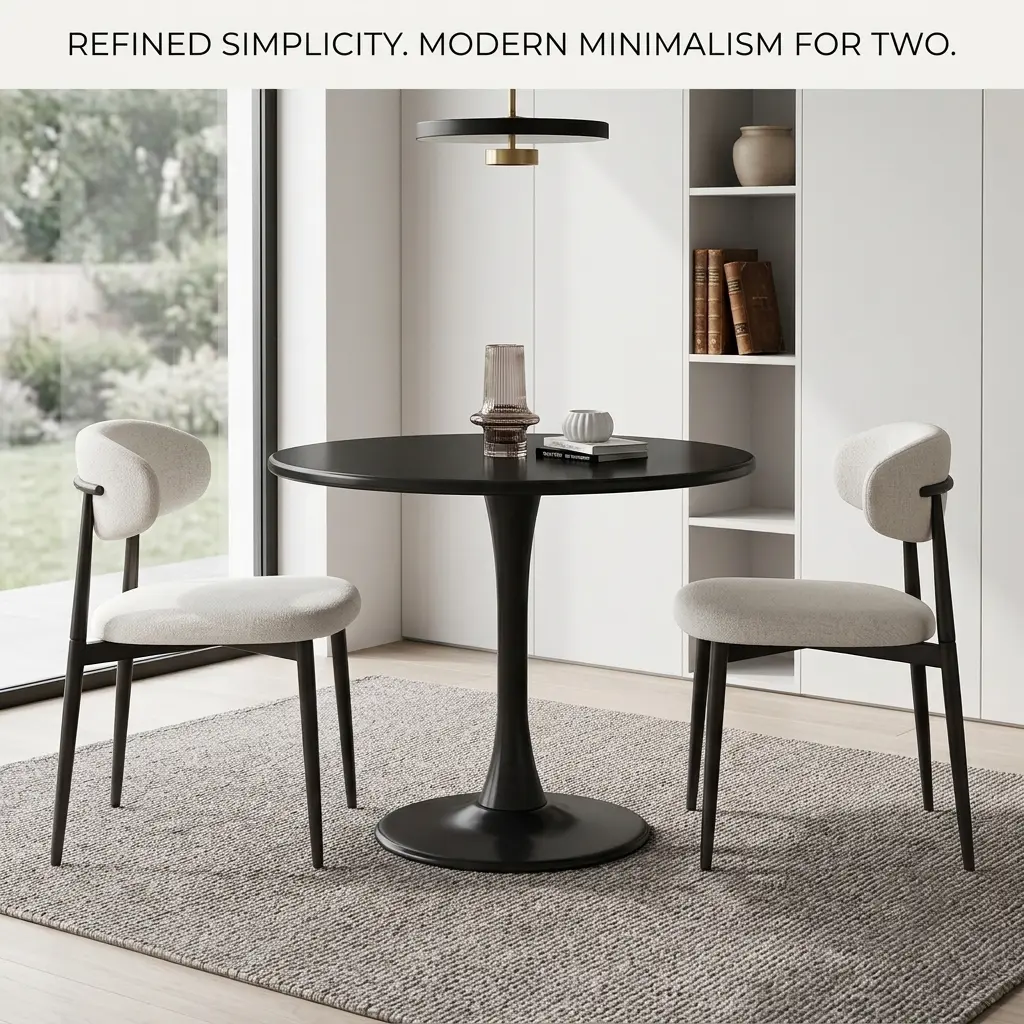 Black 3-Piece Round Dining Table Set for 2, Modern Minimalist Kitchen Table with Sturdy Metal Base & Beige Fabric Upholstered Chairs with Black Iron Legs, Versatile Coffee Table for Apartment, Easy Clean & Assemble