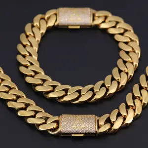 JJ Luxe Studio 18K Gold Plated Stainless Steel Cuban Link Chain Necklace for Men Women, Heavy Thick Miami Hip Hop Letter Initial Necklace, Custom Pave Diamond Flip Open Clasp, Long-Lasting Color Retention Jewelry Gift