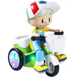 Electric Stunt Tricycle Toy with Music and LED Lights, 360 Degree Spinning Cartoon Rider with Moving Legs, Automatic Turning and Wheelie Action, Battery Powered Indoor Toy for Kids