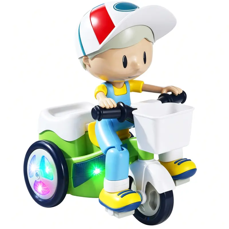 Electric Stunt Tricycle Toy with Music and LED Lights, 360 Degree Spinning Cartoon Rider with Moving Legs, Automatic Turning and Wheelie Action, Battery Powered Indoor Toy for Kids