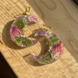 Floral reading moon celestial dangling organic earrings handmade