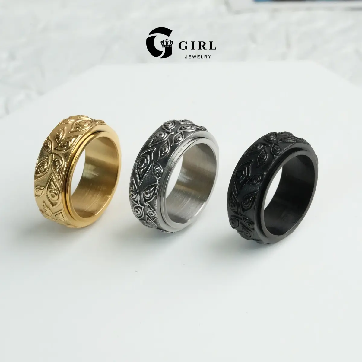 GGIRL Evil Eye Ring  Hypoallergenic Titanium Steel  Silver color Golden Black  3D Carved All Seeing Eye  Unisex Statement Fashion Ring